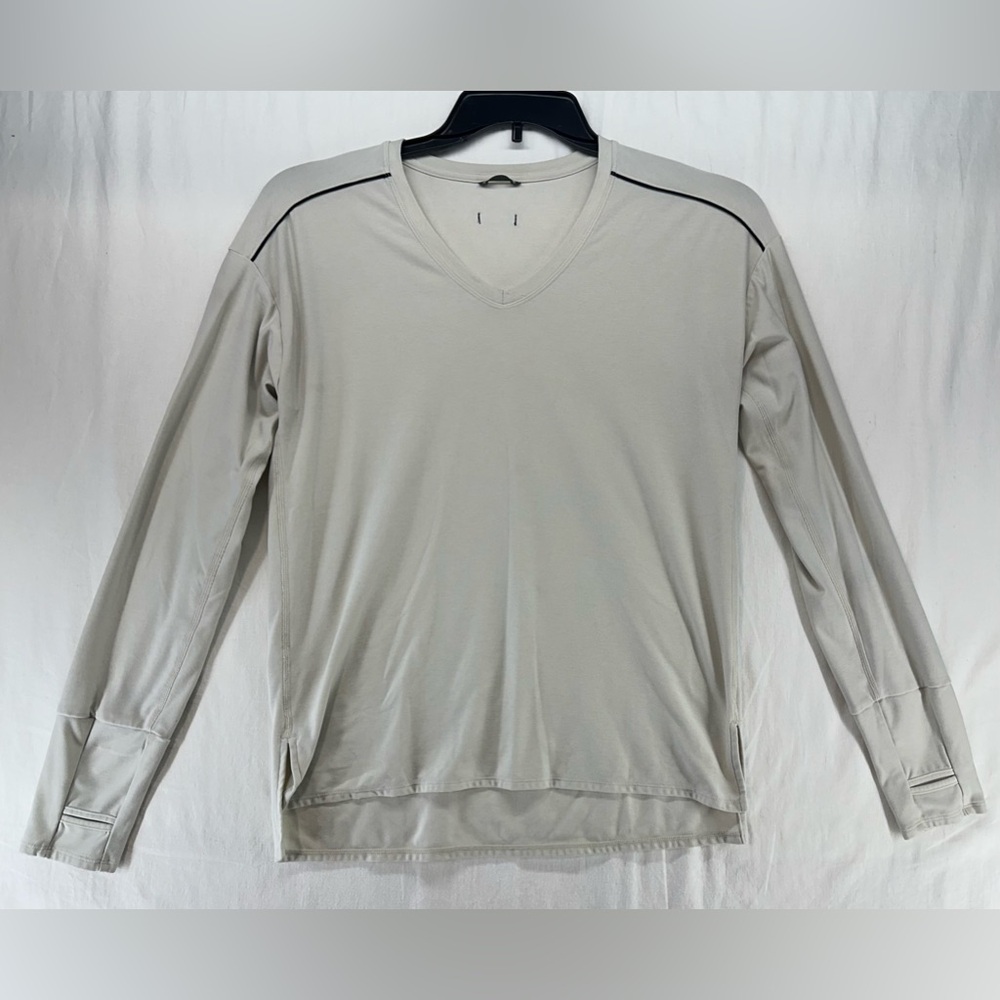 Oiselle Running Shirt Long Sleeve V Neck Thumbhole Cream Black Trim Women Size 4